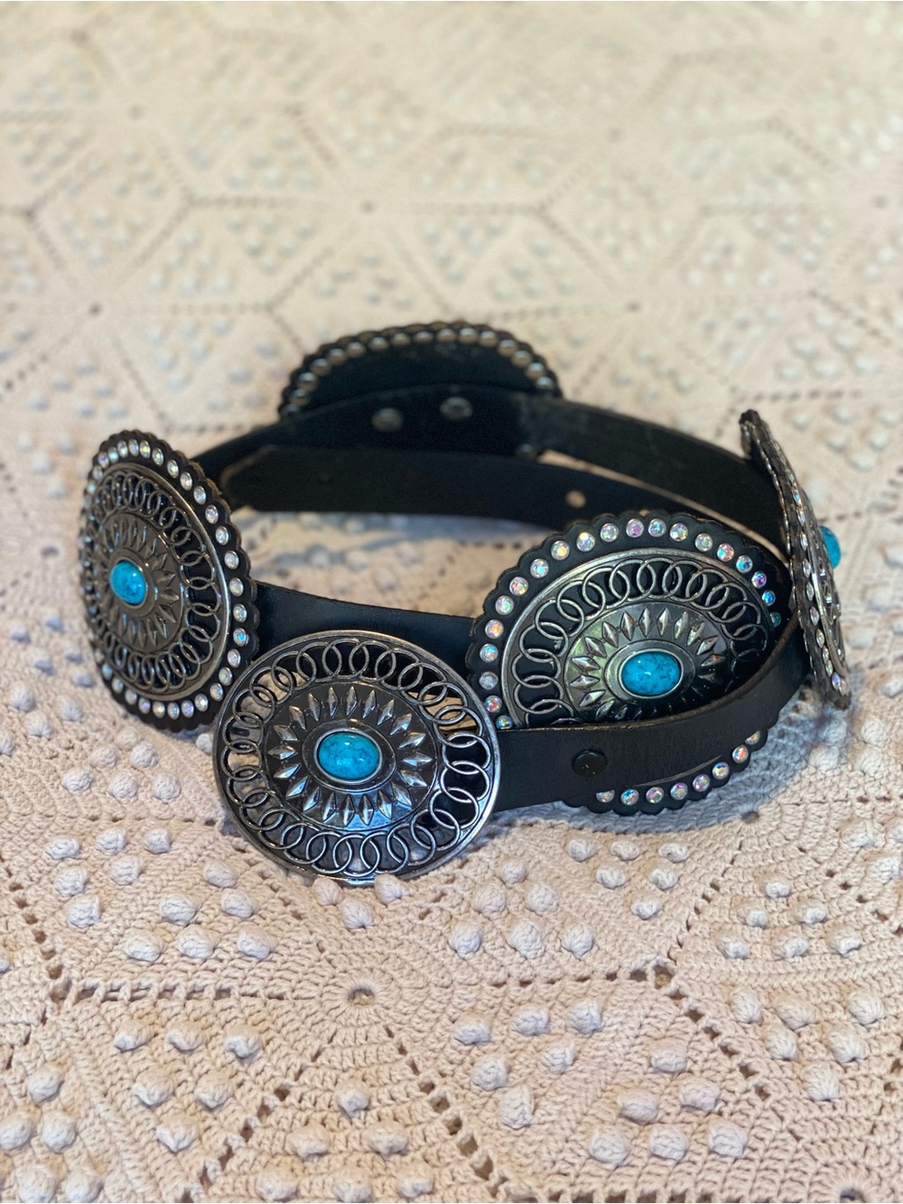 Black Leather Concho Belt with Turquoise Accents